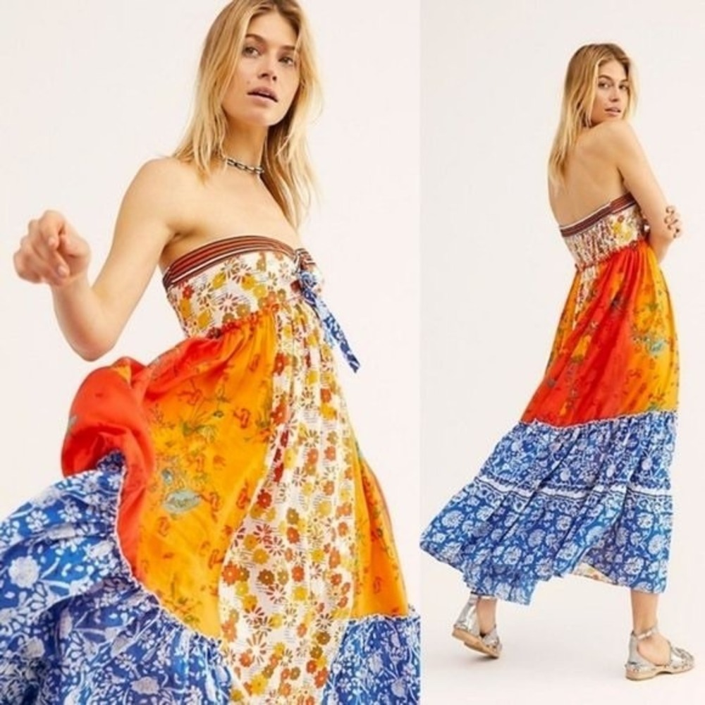 Free People Mixed Floral Patchwork Smocked Halter Maxi Dress Orange Blue Small